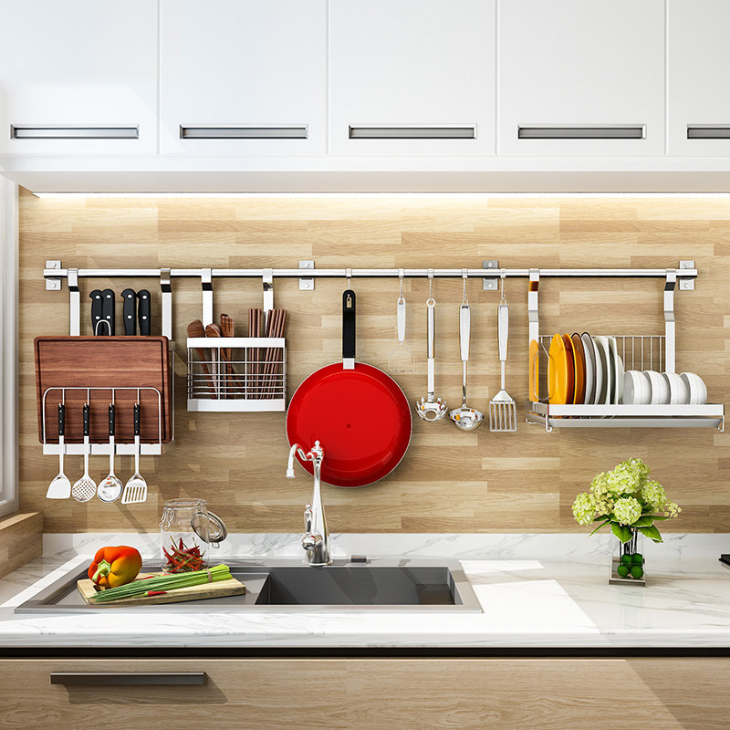 304不锈钢厨房置物架免打孔挂杆壁挂式放碗筷沥水碗碟架调料架子