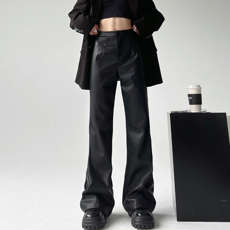 微喇叭裤女2023新款春秋季皮裤加长高个子pu皮女士高腰休闲长裤子