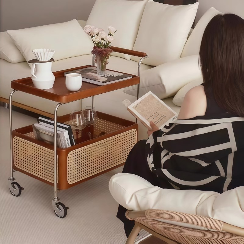 中古风流年小推车收纳实木边几客厅沙发藤K编置物柜可移动边柜茶