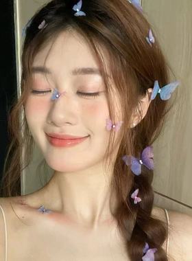 1pc爆款超仙ins风蝴蝶发夹双层立体薄纱仿真仙气汉服古风水钻头饰