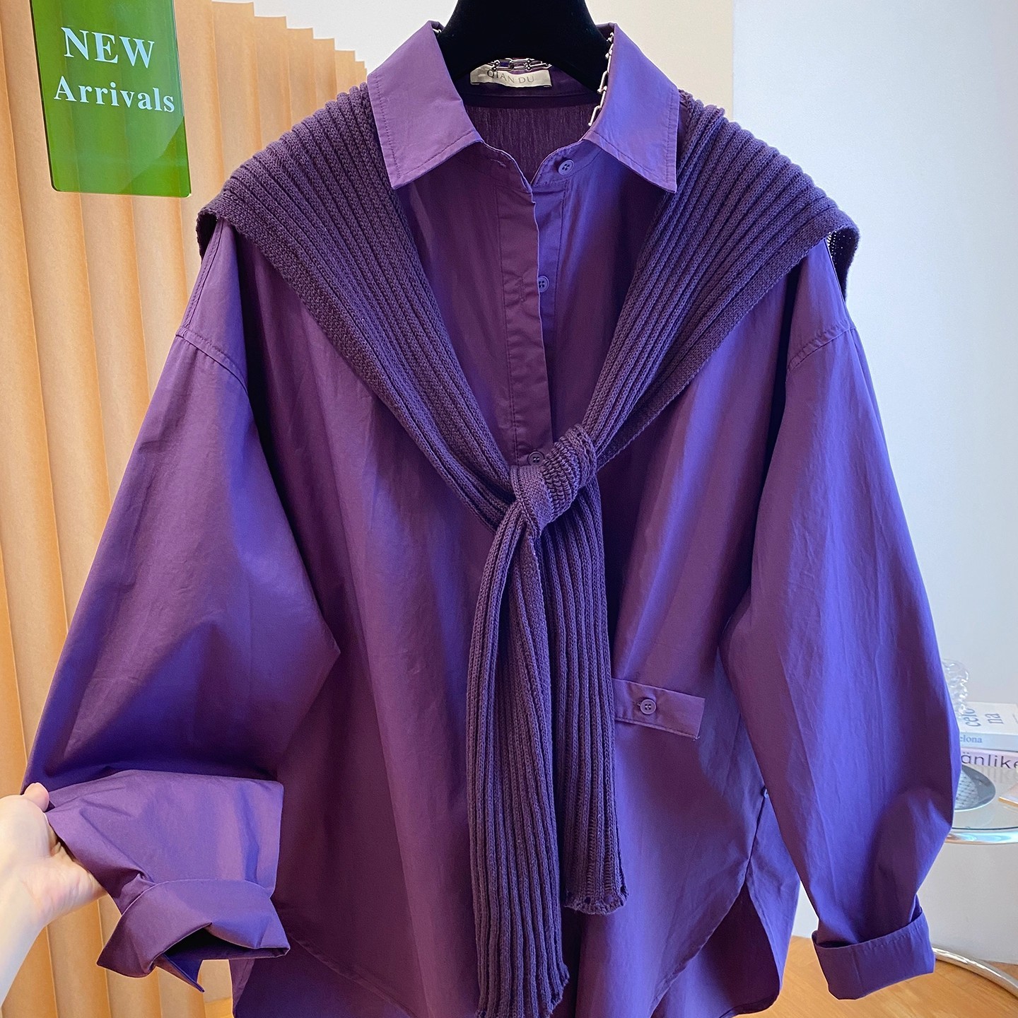 长袖衬衫女2025春秋新款胖妹妹独特超好看紫色针织披肩两件套上衣