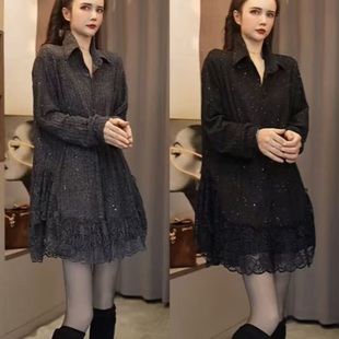 欧货韩系蕾丝花边拼接亮闪闪上衣大码别致独特超好看翻领衬衫