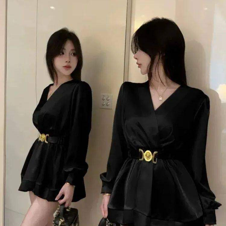 高级感轻奢醋酸V领长袖衬衫女时尚修身上衣2026秋季气质别致衬衣