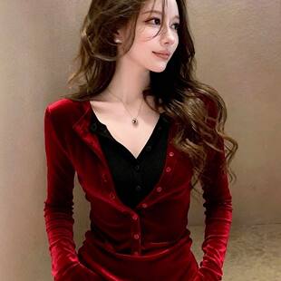 时尚轻熟纯欲风红色假两件衬衫女秋冬新款法式修身显瘦丝绒上衣潮