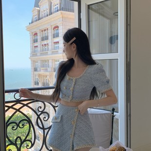 方领小香上衣高腰半身裙套装 YYW汪澜 蓝色法式 妹妹 巴厘岛假期