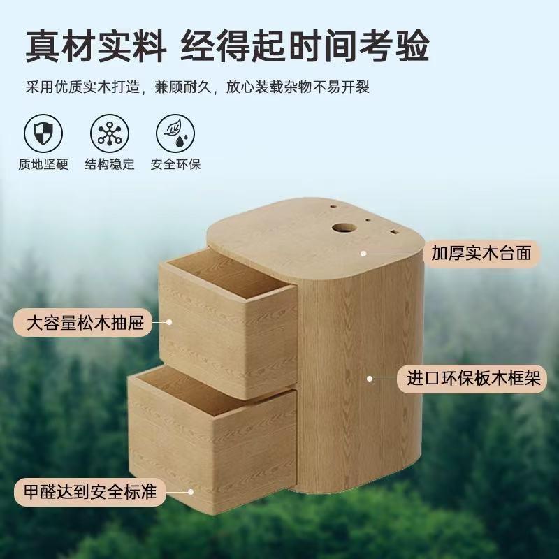 现代简约卧室实木置物架中古风卧室床头柜台灯一体智能复古落地灯