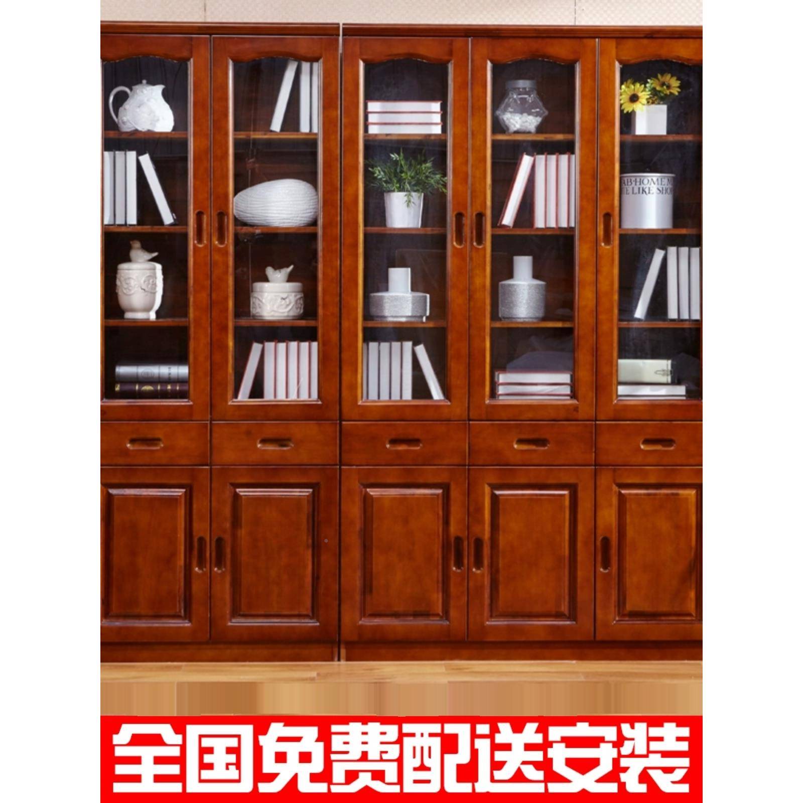 现代由中式璃实UVS木转角书柜书房家具两三门组合香樟自木带玻门