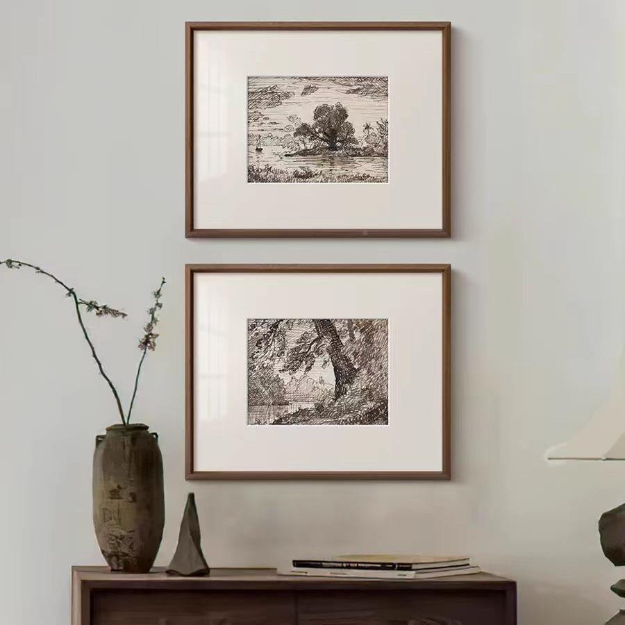 画树》黑白素描HY-405装饰画法式复古中古风厅客壁玄挂关走廊书房图片