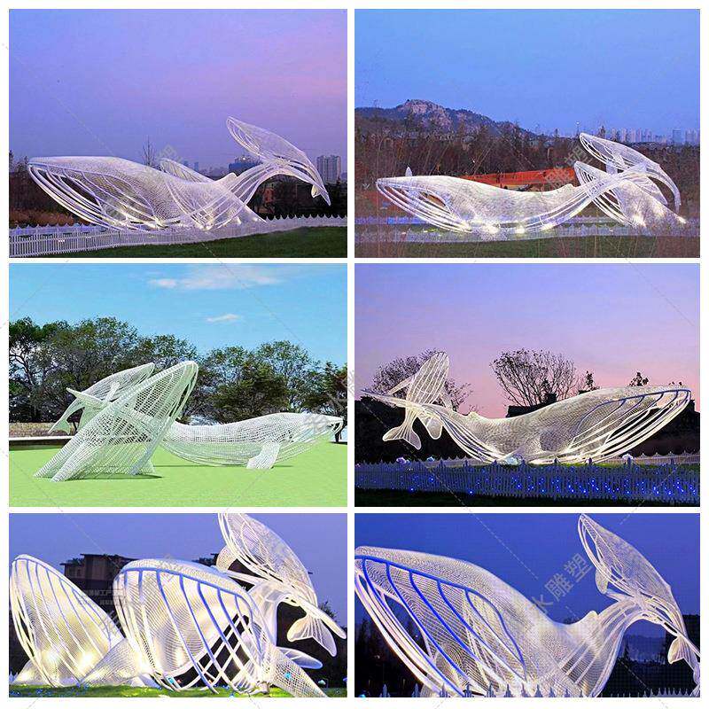 不锈钢海豚鲸鱼观雕塑店地门口NRQ摆件大型镜景面缕空产酒动物雕