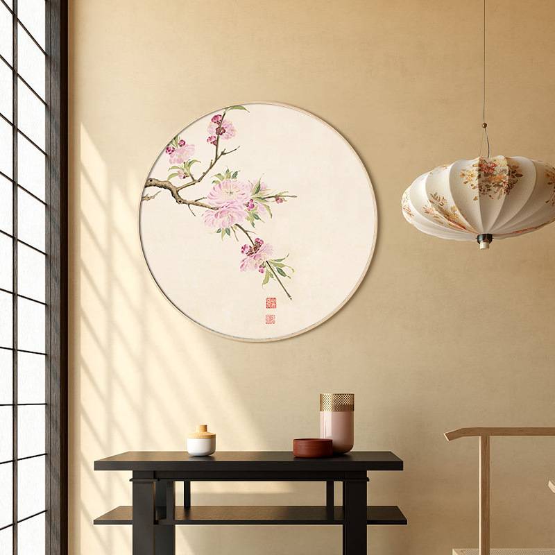 新中式圆形实木框装饰画兰花石榴水墨壁画项圣谟花卉十开国画挂画图片
