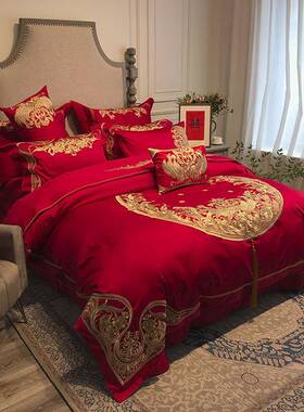 结置婚床上用礼品全棉婚庆色四红件套H1027新中式婚婚房布1.8米2