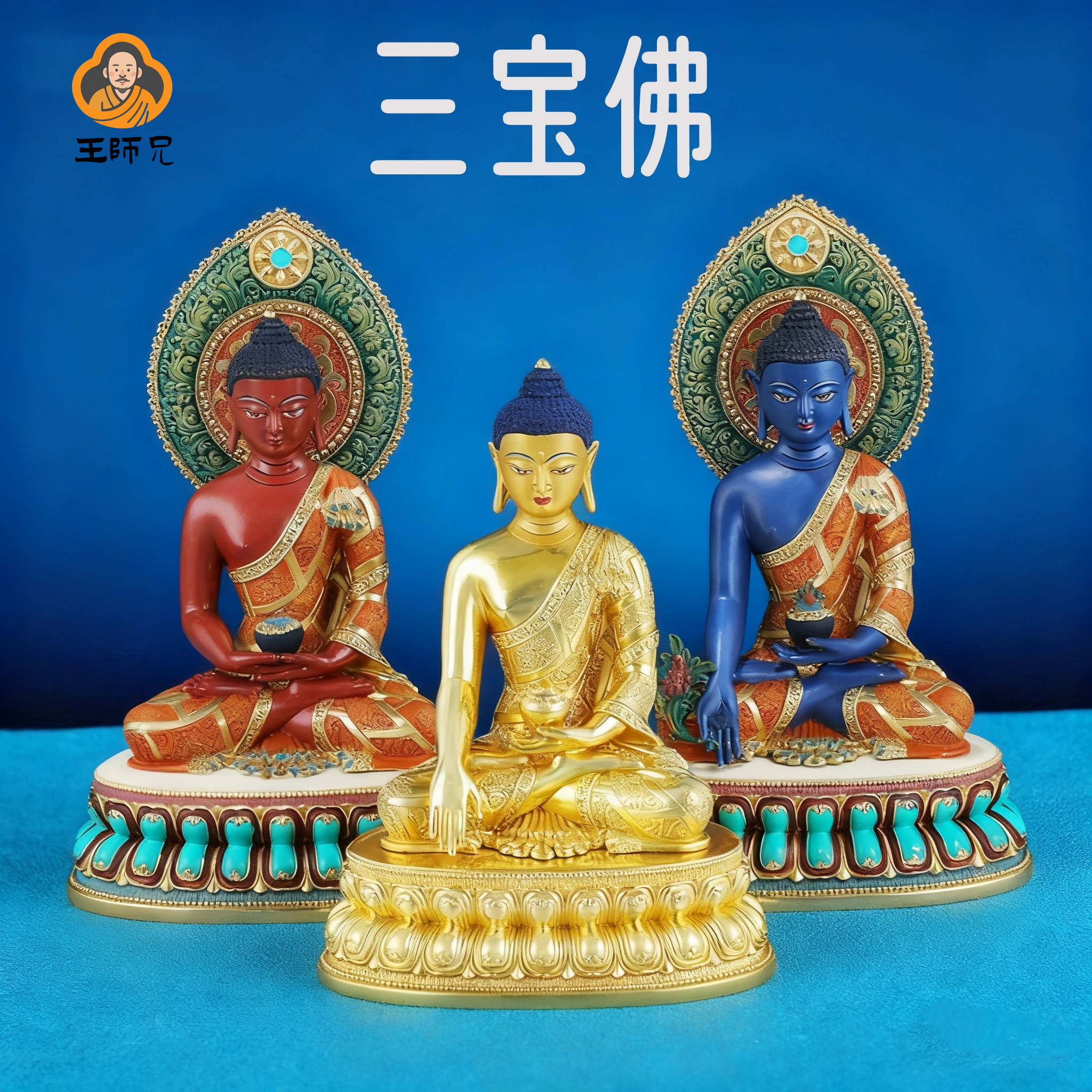 王师兄尼泊尔工艺彩绘佛像释迦牟尼药师佛阿弥陀佛三宝佛铜佛像
