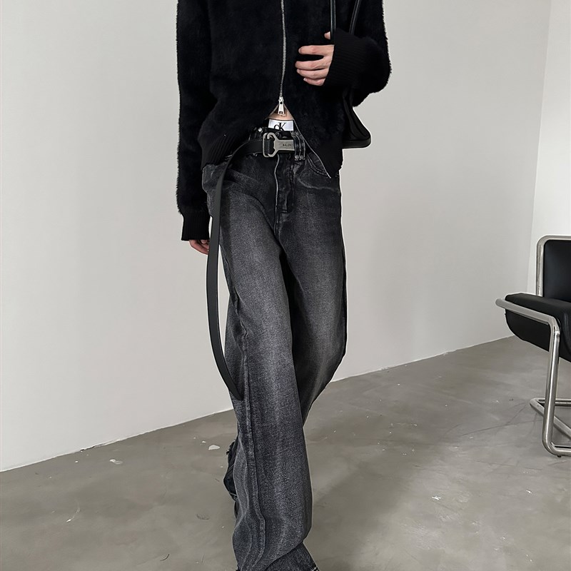 10/31 PM20:00 上新9折 小众水洗做旧黑灰色复古猫须微喇叭牛仔裤