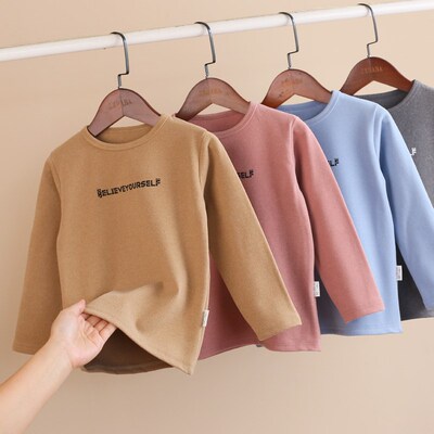 儿童磨毛加厚德绒打底衫冬男女童保暖圆领内衣秋衣中大童T恤睡衣