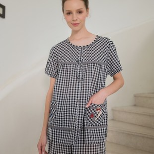 麦可将2023夏季新款女短袖长裤梭织纯棉格子薄款圆领简约睡衣9854