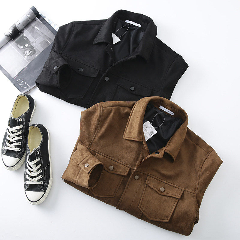 西班牙订单!高弹麂皮绒面料!春季男士新款翻领休闲工装夹克外套