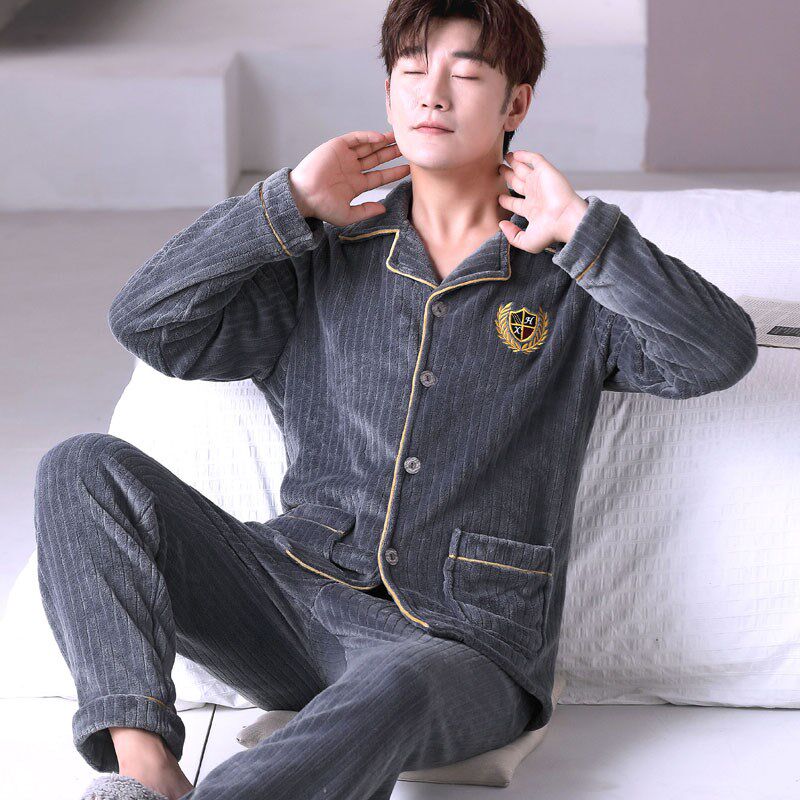 男士睡衣珊瑚绒加厚加绒保暖法兰绒长袖开衫家居服秋冬款休闲套装