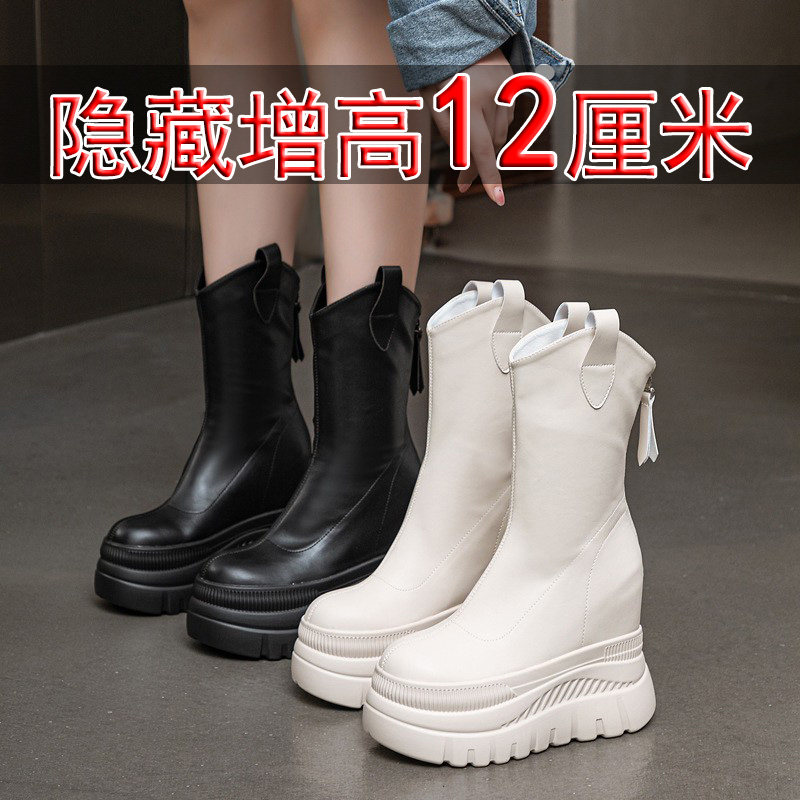 2025新款隐形内增高马丁靴女12cm小个子真皮厚底超高跟休闲真皮实