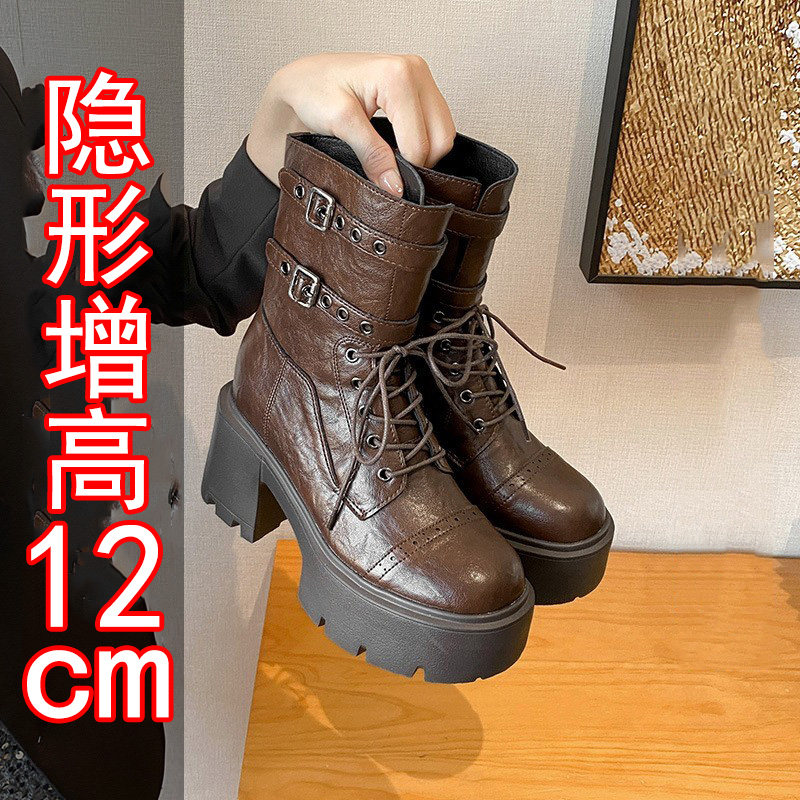 2025新款马丁靴女12cm小个子全牛真皮超高跟休闲厚底皮带扣机车靴