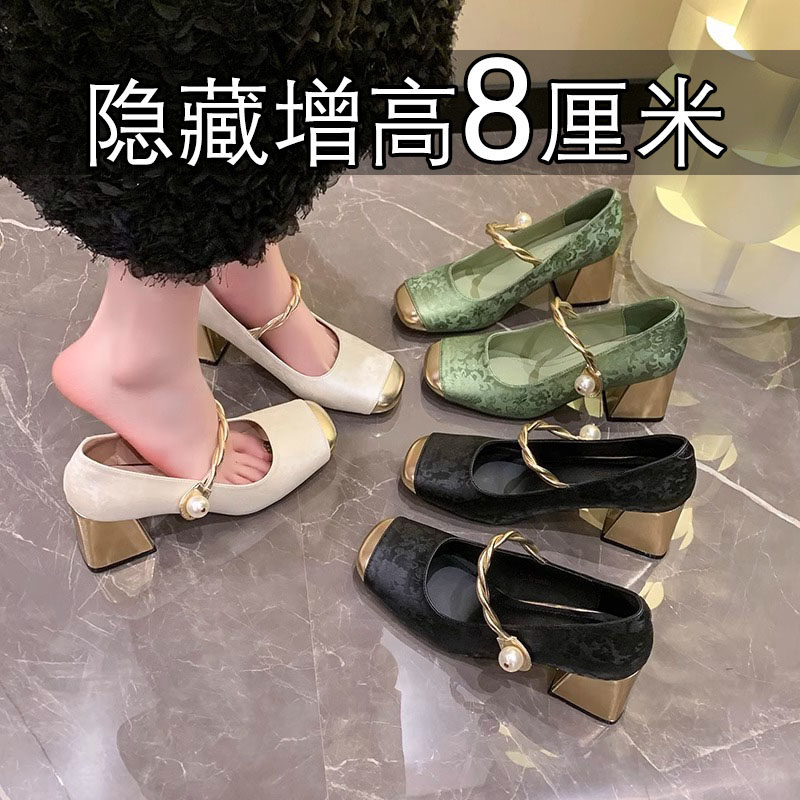 新中式国风玛丽珍鞋女8cm小个子2025新款真皮刺绣配旗袍高跟鞋轻