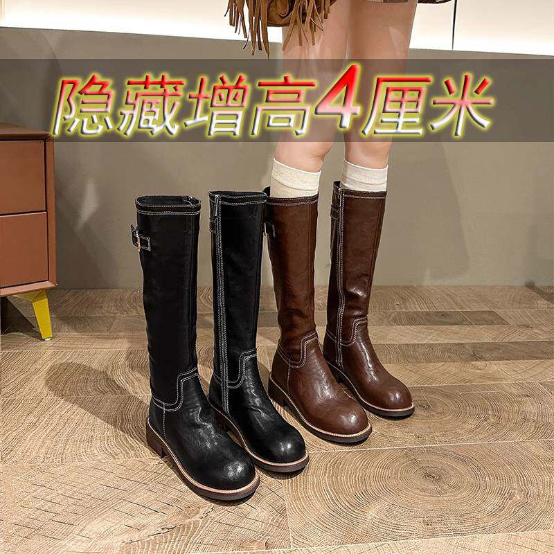 2025新款不过膝骑士靴女4cm小个子内增高全牛真皮厚底休闲侧拉链