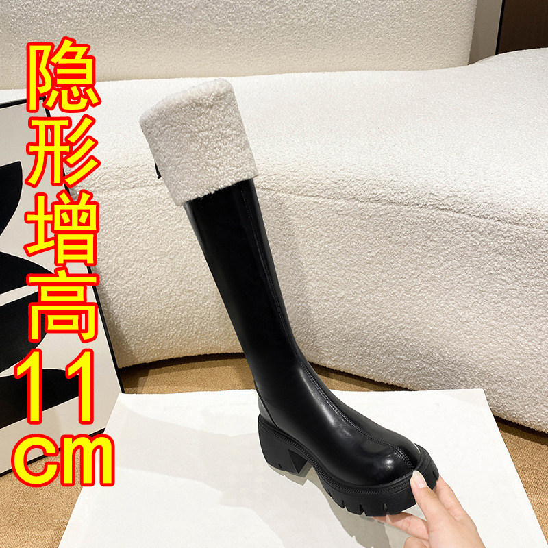 羊羔绒毛毛靴女11cm矮子乐全牛真皮厚底休闲内增高不过膝长筒骑士