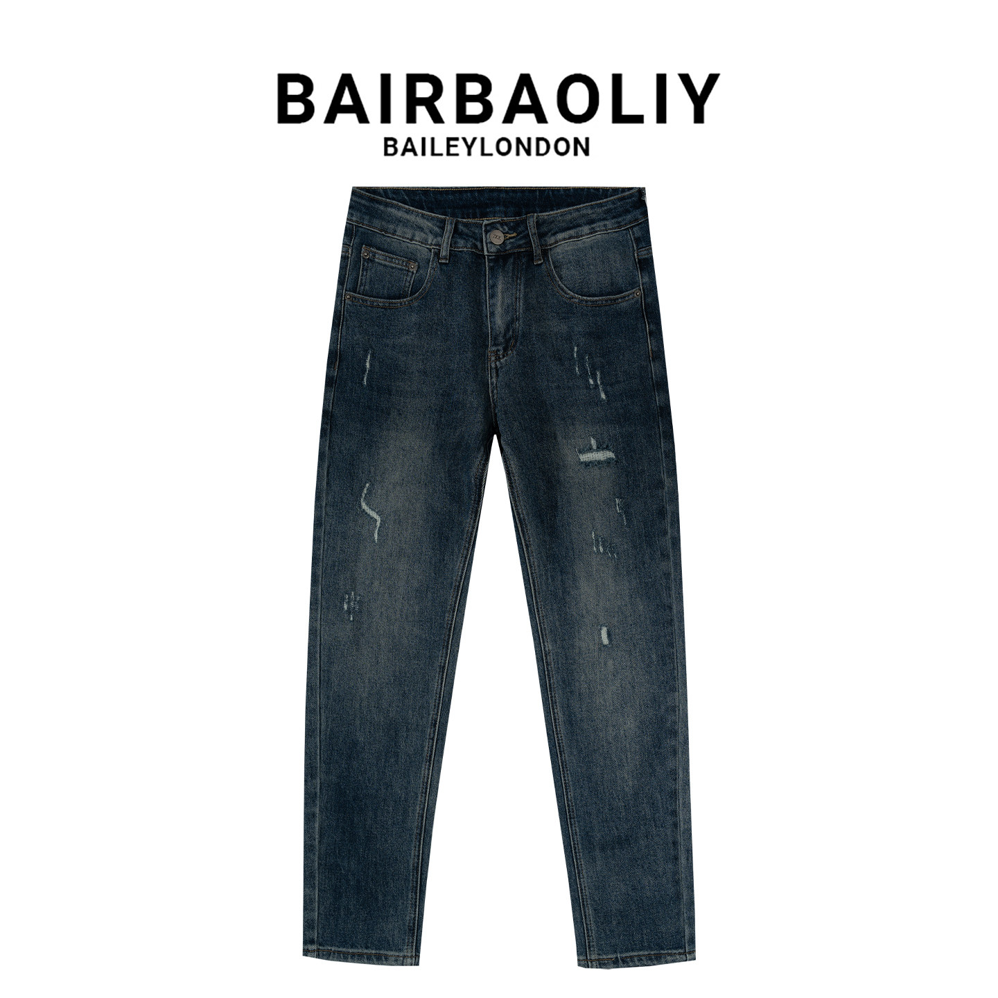 BAIRBAOLIY复古水洗破洞小脚九分牛仔裤高街磨白刮烂做旧修身裤男