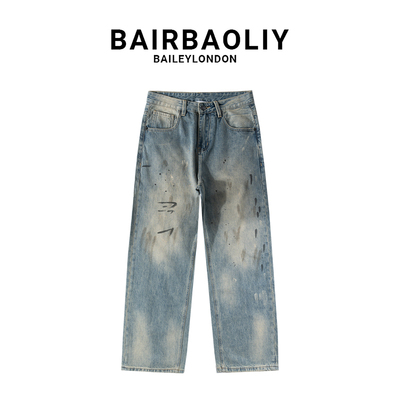BAIRBAOLIY设计款高级泼墨做旧春夏美式潮牌直筒宽松柔软牛仔长裤