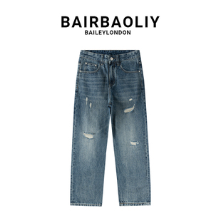 BAIRBAOLIY高端潮流品牌破洞牛仔裤男春夏新款宽松直筒九分牛仔裤
