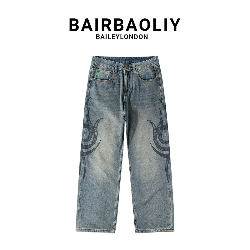 BAIRBAOLIY美式潮牌设计感龙纹图腾印花做旧复古宽松直筒牛仔长裤