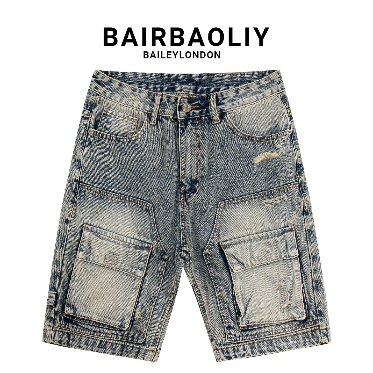 BAIRBAOLIY高品质牛仔短裤男装夏季潮牌工装破洞痞帅宽松五分中裤