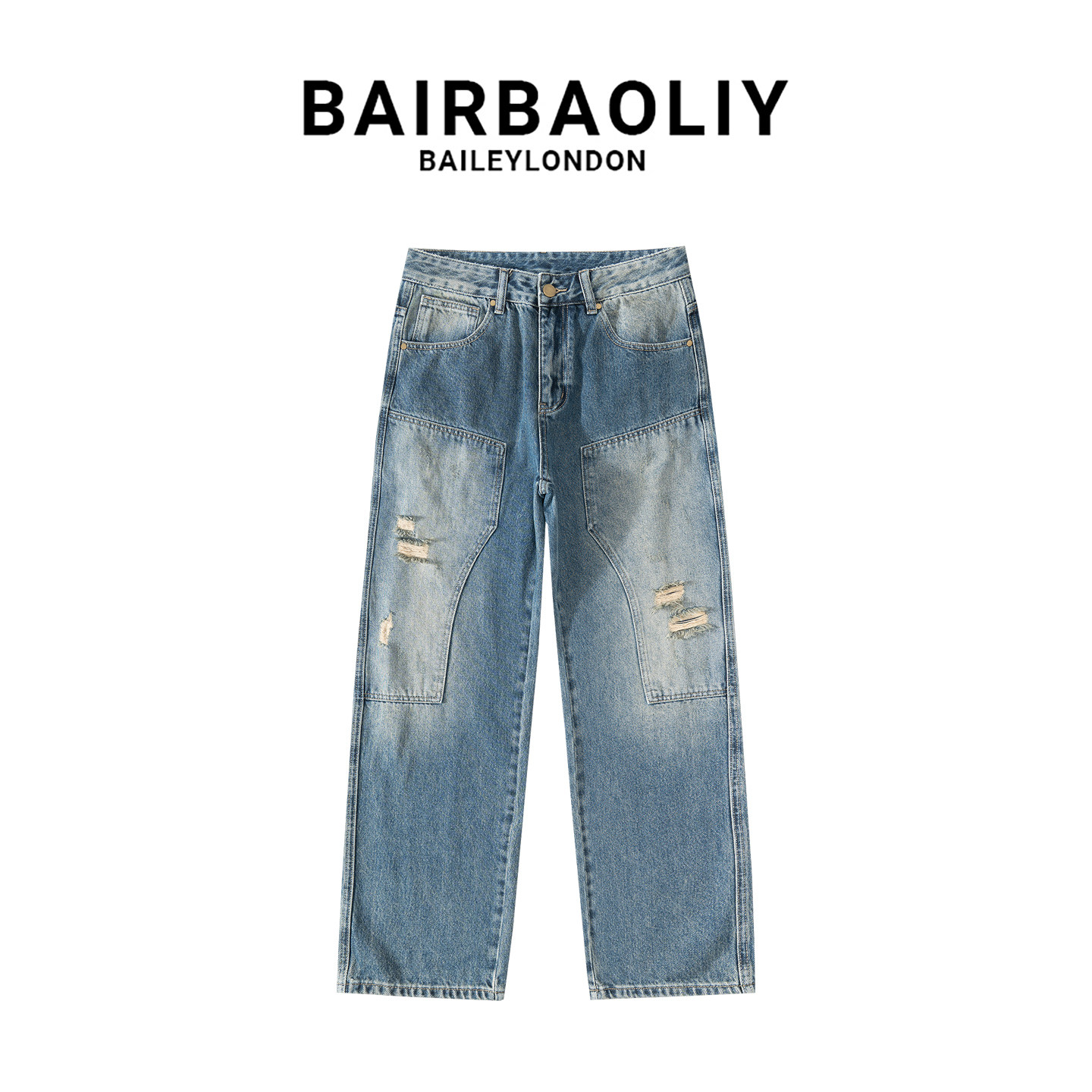 BAIRBAOLIY潮牌工装磨烂拼接重磅牛仔裤新款男士复古直筒休闲长裤