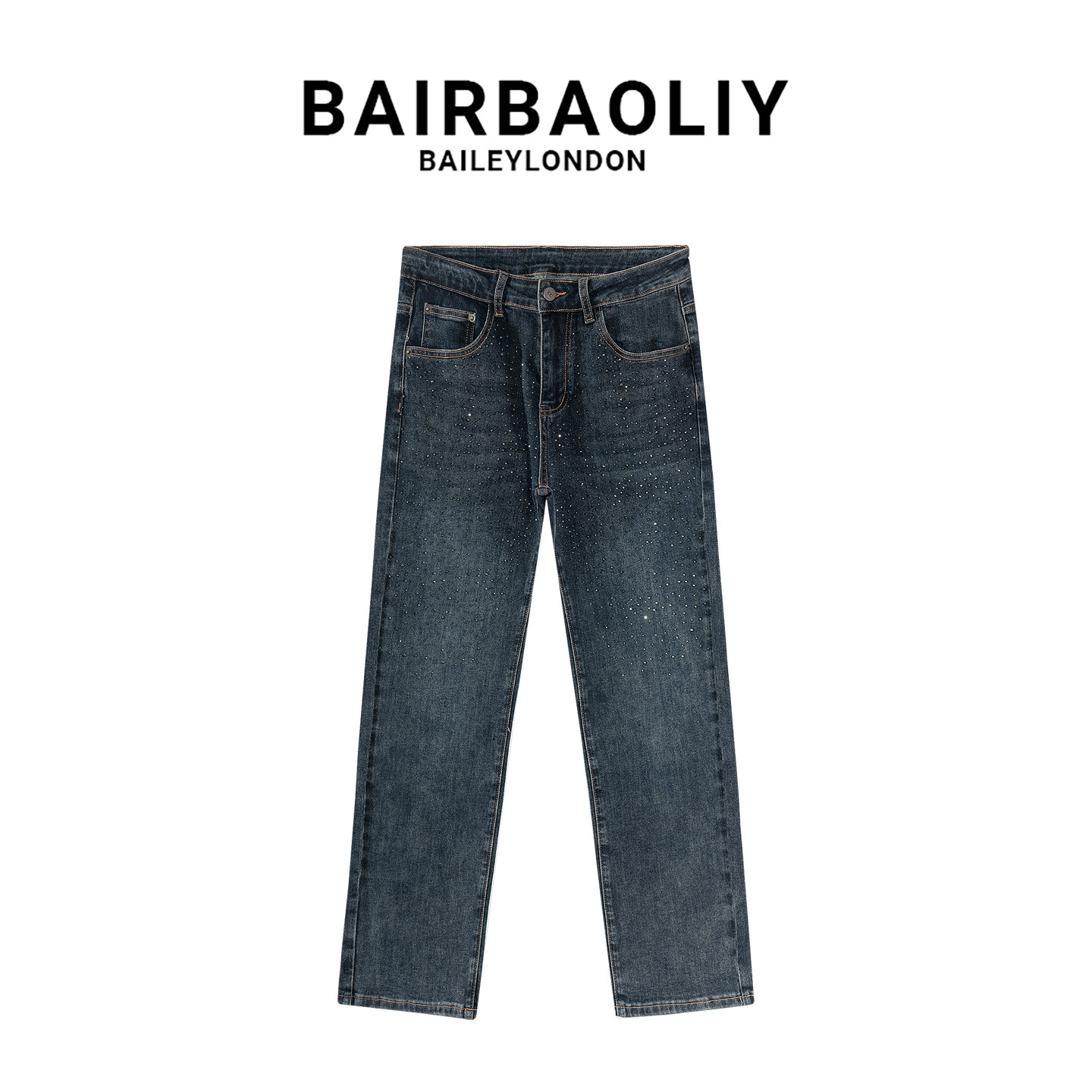 BAIRBAOLIY男士潮流重工闪钻复古做旧牛仔裤直筒休闲百搭修身长裤