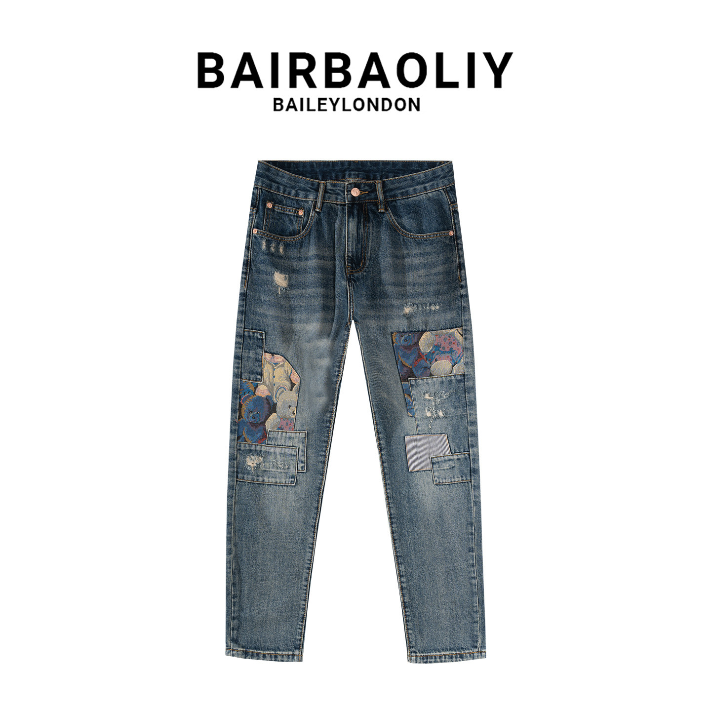 BAIRBAOLIY潮奢3D小熊贴布绣拼接高级感时尚韩版男款锥形牛仔长裤