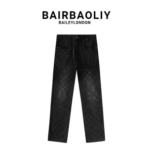 BAIRBAOLIY男装时尚潮流牛仔裤高端经典棋盘格复古做旧修身直筒裤