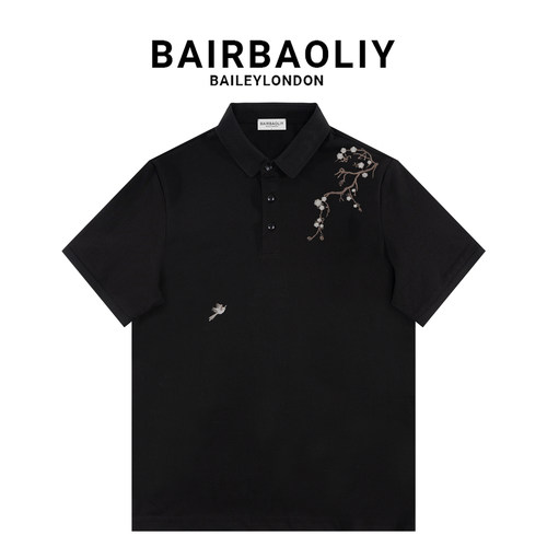 BAIRBAOLIY小众设计感国风POLO衫梅花飞鸟刺绣高级感修身百搭短袖