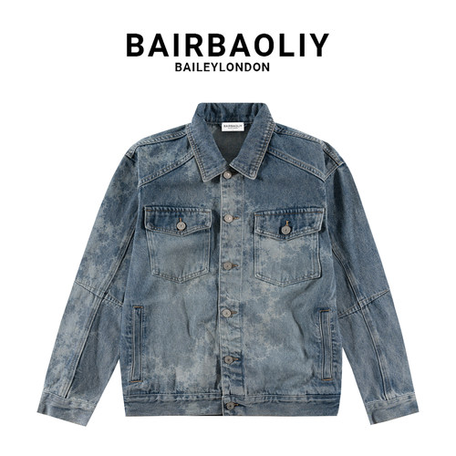 BAIRBAOLIY潮奢高品质做旧扎染牛仔外套男士复古休闲翻领工装夹克