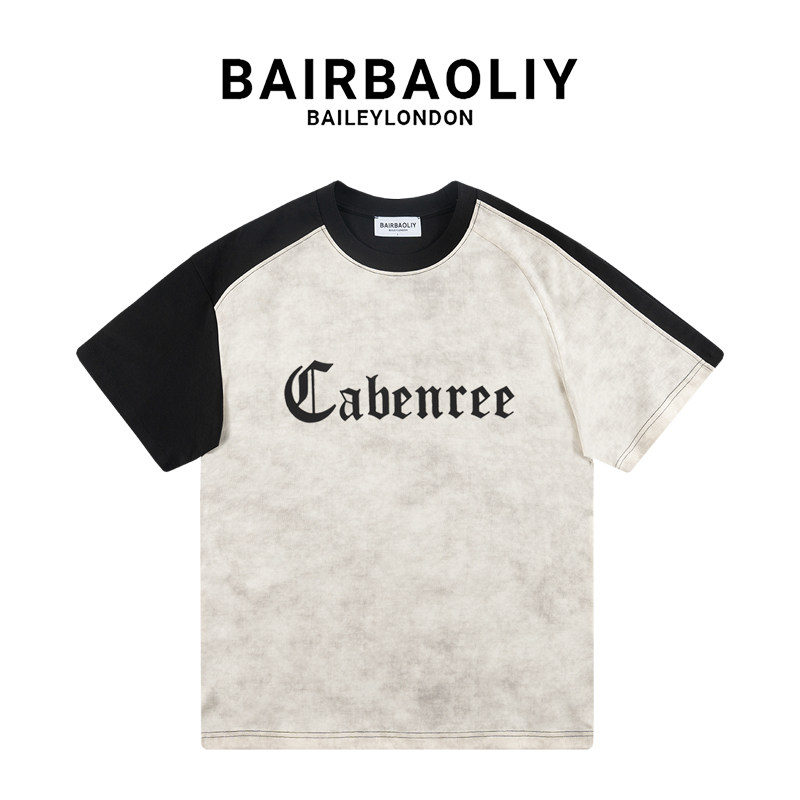 BAIRBAOLIY短袖春夏字母复古扎染拼接T恤ins休闲潮流百搭印花上衣