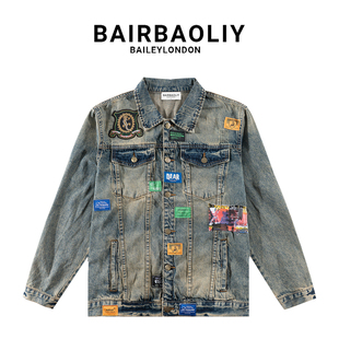 BAIRBAOLIY高端复古机车怀旧刺绣徽章夹克男潮牌街头帅气潮酷外套