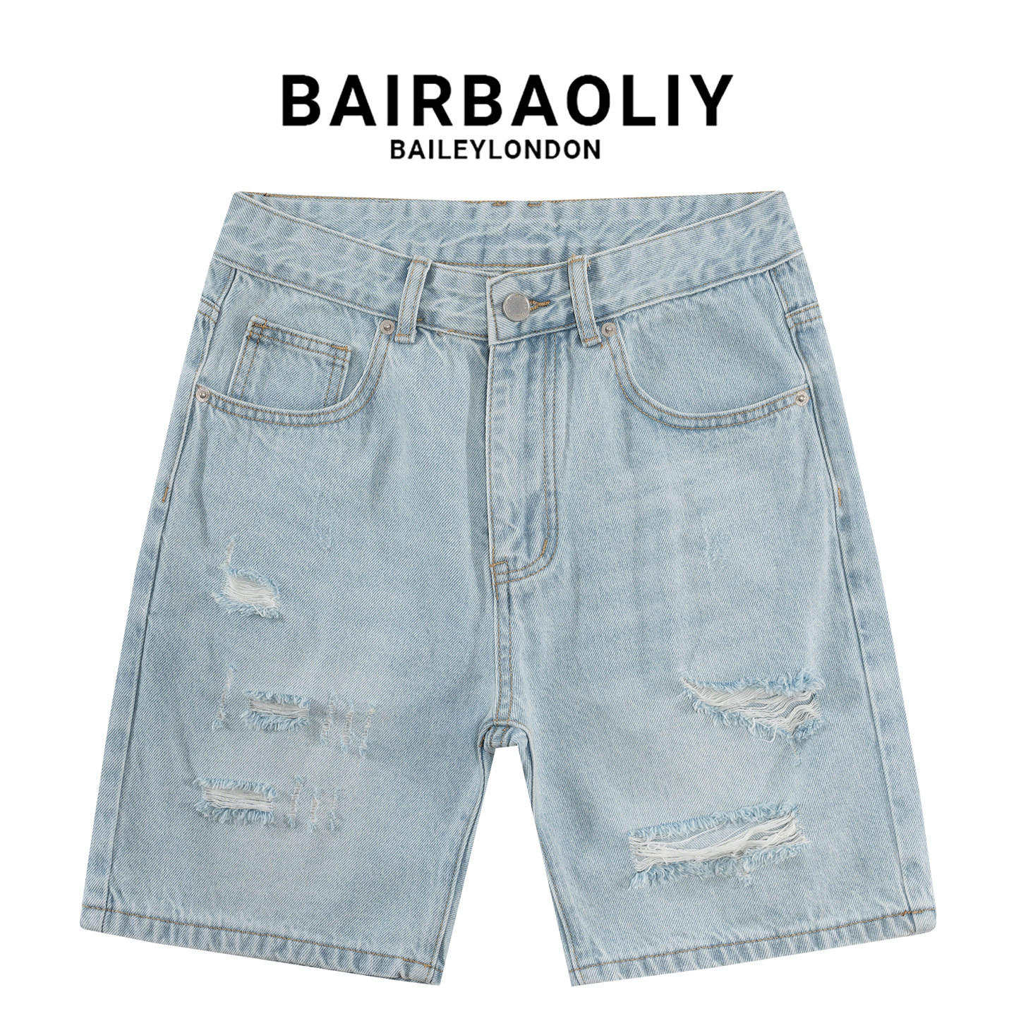 BAIRBAOLIY美式潮牌破洞时尚帅气轻薄直筒男士夏季牛仔五分短裤子