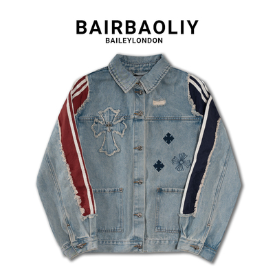 BAIRBAOLIY潮牌美式怀旧十字刺绣牛仔外套男撞色条纹毛边高街夹克