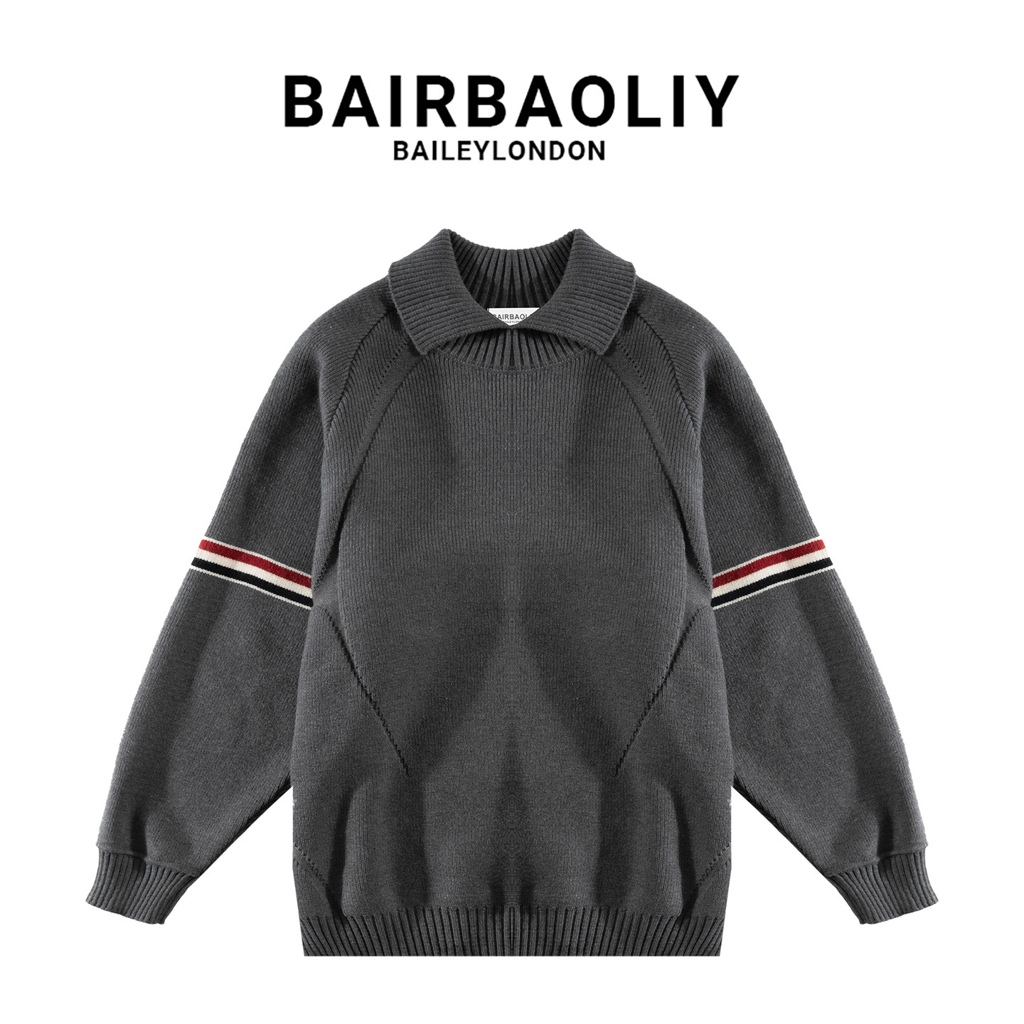BAIRBAOLIY秋冬翻领休闲潮流保暖宽松加厚经典袖杠条纹针织衫毛衣