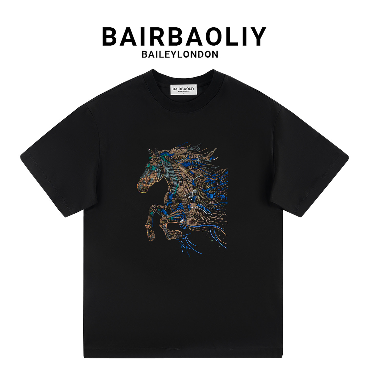 BAIRBAOLIY2026夏季新款重工马年烫钻潮牌圆领休闲百搭短袖T恤男图片