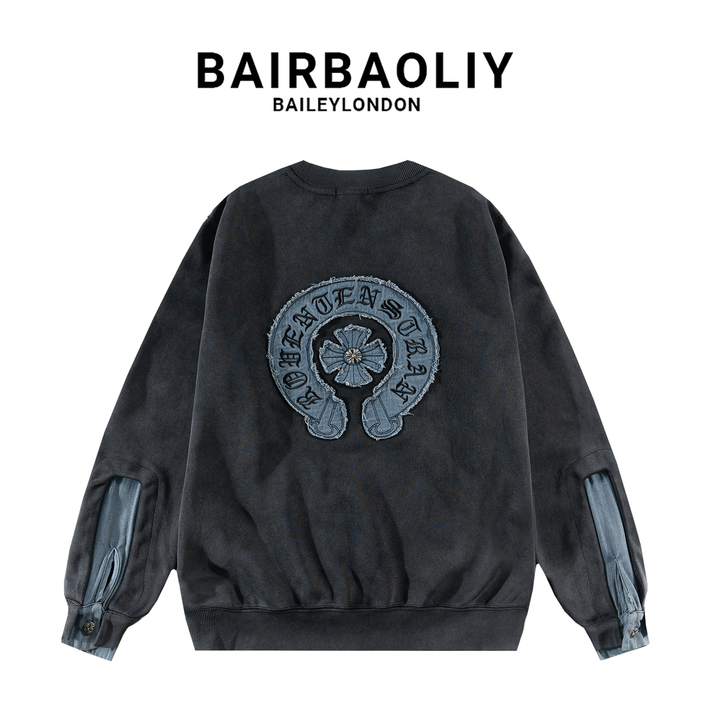 BAIRBAOLIY时尚欧货潮牌做旧拼接十字架刺绣圆领长袖卫衣男女同款