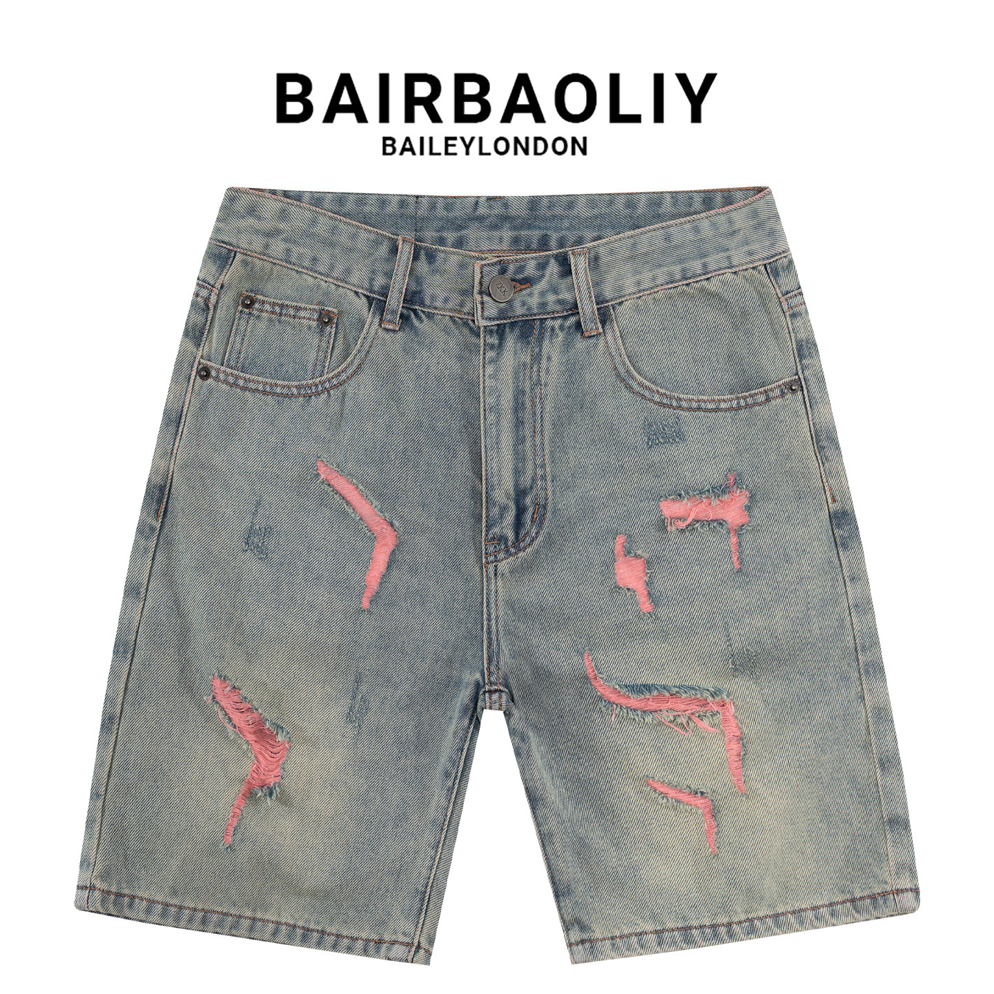 BAIRBAOLIY撞色破洞夏季美式复古牛仔短裤五分裤男女同款直筒潮酷