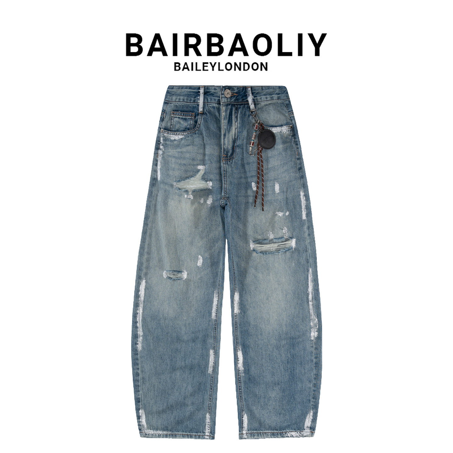 BAIRBAOLIY夏季薄款美式破洞涂鸦潮牌设计宽松男士百搭弯刀牛仔裤