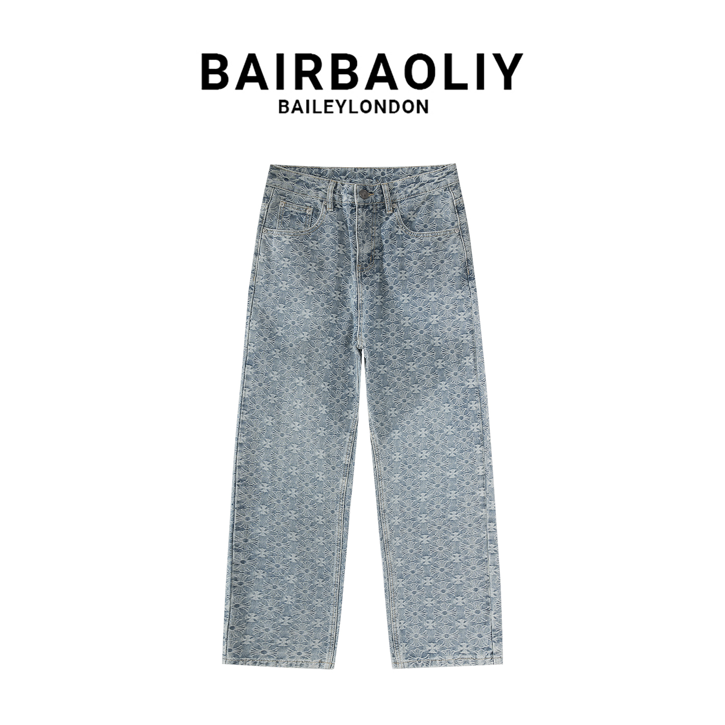 BAIRBAOLIY男装轻奢大牌质感十字架提花牛仔裤街头潮流宽松直筒裤