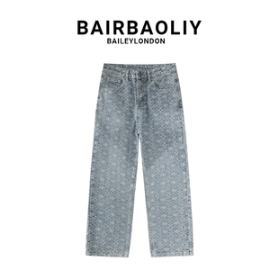 街头潮流宽松直筒裤 BAIRBAOLIY男装 轻奢大牌质感十字架提花牛仔裤