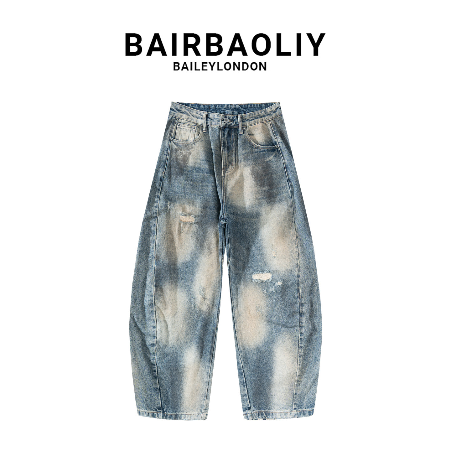 BAIRBAOLIY潮牌个性渐变色破洞弯刀牛仔裤男宽松痞帅嘻哈风格长裤