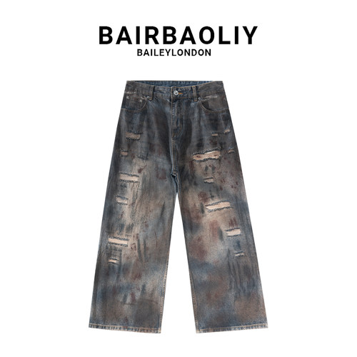 BAIRBAOLIY做旧破洞阔腿直筒牛仔裤古铜灰色涂鸦宽松新款休闲长裤
